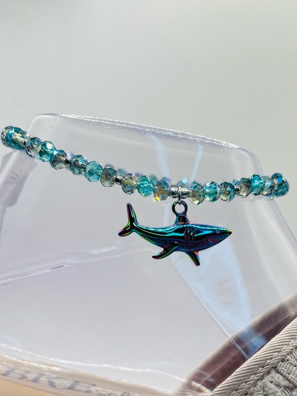 *ANKLET* S.Steel Shark & AB Teal Blue Green Crystal Stretchy Anklet - Picture 5 of 6